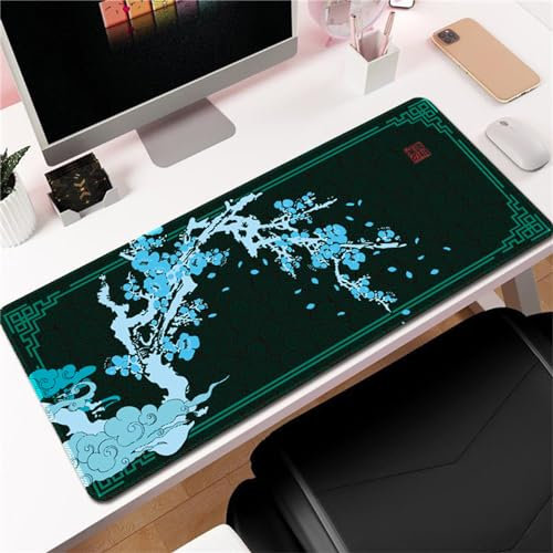 Hixingo Fleur de Prunier du Japon Tapis de Souris XXL, Tapis de Souris Gamer, Tapis Souris avec Bords Cousus, Tapis de Souris en Base Antidérapante Convient Gaming, Maison (700x300x3mm,Bleu Vert)