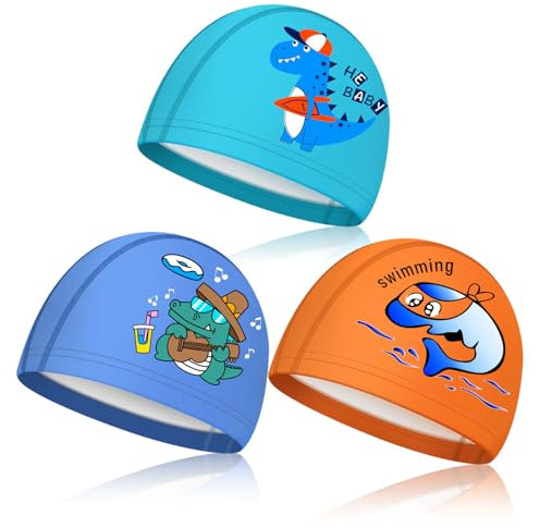 ZOCONE 3 Piezas Gorro Piscina Niño Tela Gorro Natación Niño con Dinosaurio Delfín Cocodrilo Dibujo Animado Gorros de Piscina Niños Elásticos Gorro Natacion Impermeable para Niño Niña Chico