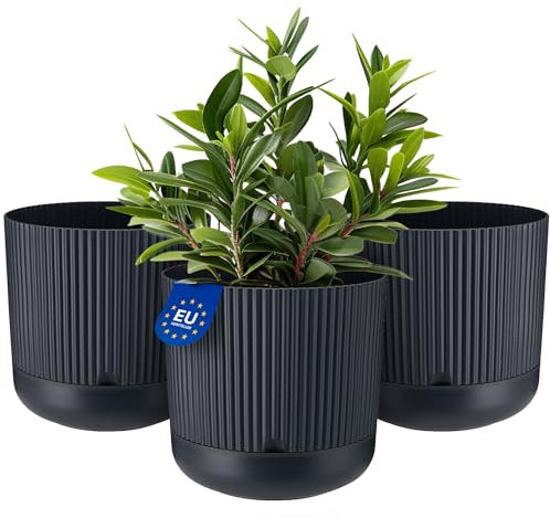 KONZEPT 3er Set Blumentöpfe mit Untersetzer, 16 cm Durchmesser, Übertopf in Anthrazit, 2,4 L, Pflanzentopf Geriffelt aus Kunstoff