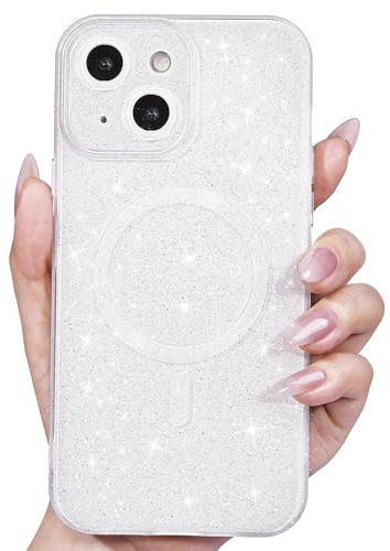 Svanove Glitter Case for iPhone 14 Plus Phone Case Magnetic Compatible with Magsafe, Sparkle Bling Shiny Cute Girly Design, Aesthetic Slim Soft TPU Mag Cover for Women Girl, White