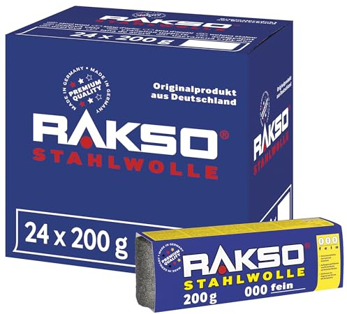 RAKSO Stahlwolle fein 000-4,8 kg, 24 Banderolen à 200g, Zwischenschliff von Lack, Schellack, poliert Kupfer, Messing & Öl, Wachs auf Holz