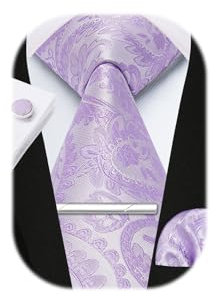 Enlision, Corbatas florales de cachemira de 8,5 cm para hombre, corbata formal de boda, clásica, floral, tejido jacquard, con gemelos, pañuelo de bolsillo y clip, morado claro, Taille unique