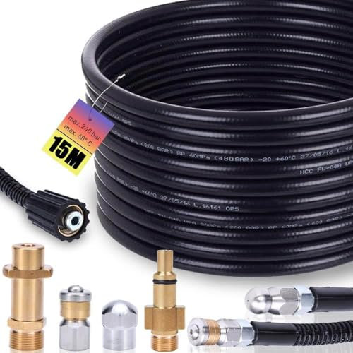 Rohrreinigungsschlauch Set 15m, 240 bar inkl. M22 Adapter, Düsen starr + rotierend für K2, K3, K4, K5, K6, K7 & Lavor Hochdruckreiniger universal Rohrreinigungsset Hochdruckschlauch