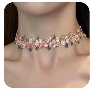 Aneneiceera Bohème Rosa Spitze Blume Choker Halskette Florale Spitze Halskette Rosa Gestickte Rose Halskette Rosa Scalloped Rose Halskette Kette Schmuck Für Frauen