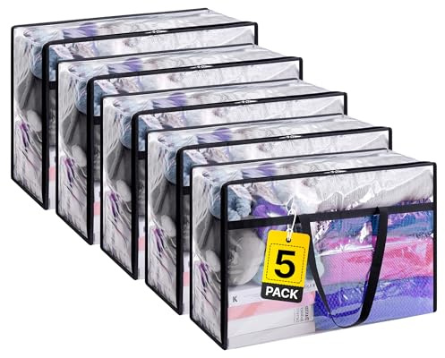 Zuvo Laundry Storage Bags – Pack of 5, XL Waterproof Clothes Organiser with Reinforced Handles & Heavy-Duty Zip – Ideal for Bedding, Laundry & Packing (46x23x38 cm)