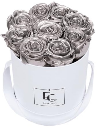 EG EMMIE GRAY Classic Infinity Rosebox | Round | S | White – 9 ± 1 Infinity Rosen mit langjähriger Haltbarkeit, echte Rosen die bis zu 3 Jahre blühen, konservierte Rosen (Silver)