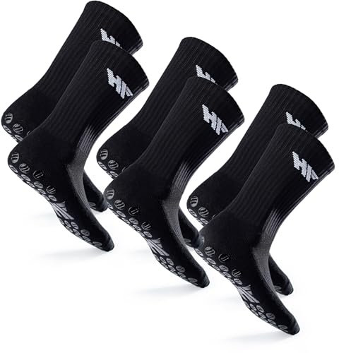 HF Training - 3 Paar Rutschfeste Fußball Socken in Schwarz mit weißen Noppen (Unisex) - Fussballsocken mit Grip für Frauen & Männer - Fußballsocken lang & rutschfest - Antirutsch-Socken atmungsaktiv
