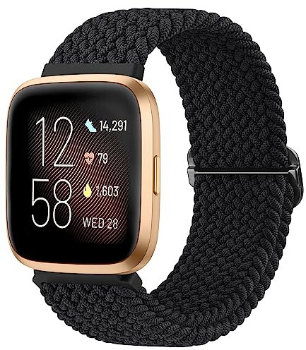 Mugust Armband für Fitbit Versa 2 Armband für Damen Herren, Weiches Verstellbares Geflochtenes Ersatzarmband, Elastisches Nylon Armband für Fitbit Versa/Versa Lite/Versa SE Armband (Schwarz)