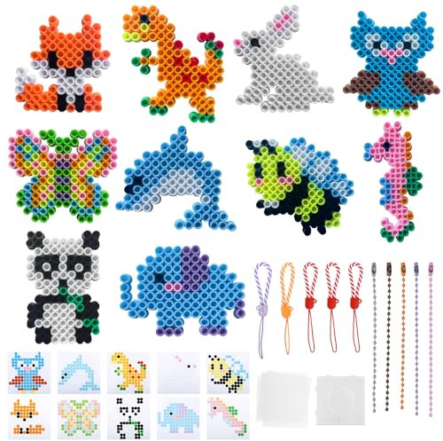 10mm Fuse Beads Craft Kit for Kids, 1000 Pcs of Large Iron-on Beads, 10 Animal Patterns, Ironing Paper with Pegboard, Lanyards, DIY Art Craft Toys, 3D Children's Gift Craft Ideas