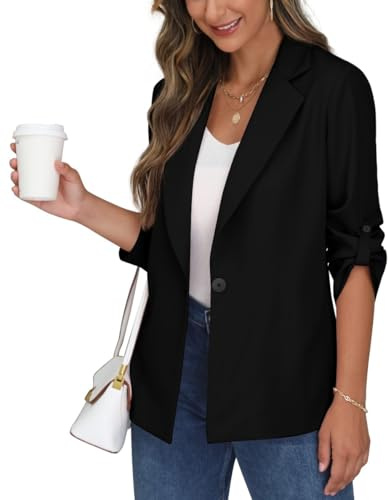 PrinStory Blazer da donna a maniche regolabili da donna con tasche colletto con risvolto aperto davanti bottoni giacca cardigan