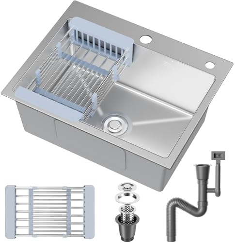 Stainless Steel kitche Sink, 50 x 43cm,Inset Kitchen Sink,with Waste Kit,Drain Pipe,Pull-Out Drainer Basket,Suitable for Kitchen, Bathroom, Caravan Travelling