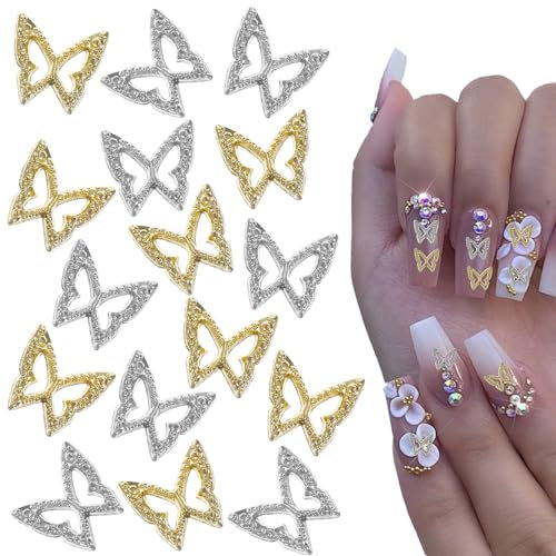 200 Stück 3D Schmetterlings Charms Nägel, Glitzer Nagelkunst Charms Gold, Nailart und Silber Nagelschmuck Nagel Zubehör für Frau Mädchen Diy Nagelschmuck Dekorationen Handyhülle
