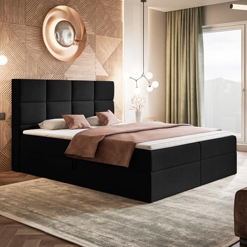 MOTIVENA Alfa Boxspringbett 180x200 mit Bettkasten und Topper, Polsterbett 180x200 mit Bettkasten, Bonellfederkern-Matratze (H4), T28 Komfortschaumstoff Topper (H3), Samt, Schwarz