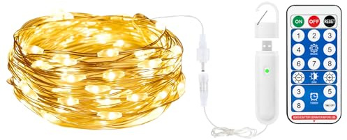 Cadena de luces recargable, batería, 10 m, 100 LED, cable de cobre, 8 modos/temporizador/mando a distancia, IP44, cadena de luces impermeable para interior y exterior, para Navidad, fiestas, bodas