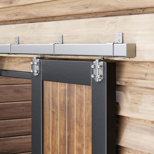 Easelife 5FT Exterior Sliding Barn Door Hardware Kit, Box Rail Track, 450lb Capacity, Sliver Weather-Resistant Steel, Wall Mount System for Outdoor Use, Fit Single 30in Door