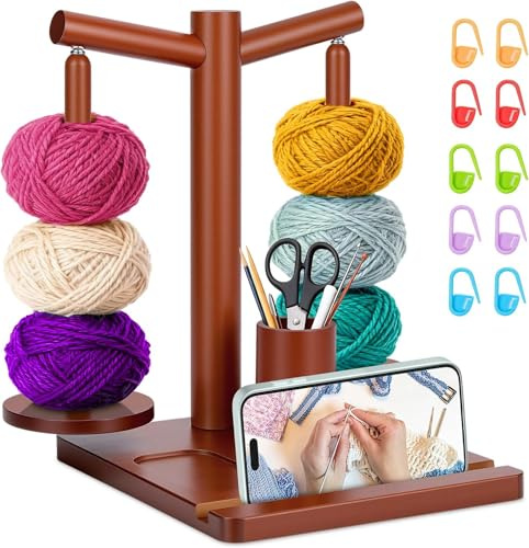 SelfTek Wollabwickler Holz - Magnetisch Wollwickler Holz Maschenmarkierer Strickzubehör, Doppelte Garnrollenhalter mit Handyhalterung und Organizer für Häkel Zubehör, Geschenke für Strickfans (Braun)