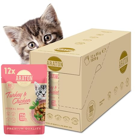 ARATON Kätzchen-Nassfutter, Huhn & Pute, 93% tierisches Protein, 12 x 85 g | Truthahn und Huhn, Lachs und Huhn sowie Rind und Huhn, Fleischstückchen in Sauce, Für erwachsene Katzen, 12 Beutel