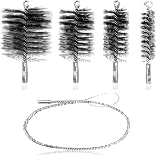 5 Stück Ofenrohrbürste 150mm, 80mm, 50mm, 30mm mit 1m Softbar, Kaminbesen Schornsteinfegerbürste Ersatzbürste, Schornsteinfegerbürste aus Edelstahl für Ofenrohr Schornstein Reinigung