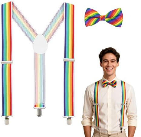 Regenbogen Hosenträger 2er Set für Damen & Herren – Bunte Accessoires für Karneval, Clown Kostüm Damen, Regenbogen Kostüm Mädchen & Herren, Accessoire für Karneval, Fasching, Halloween und Mottopartys