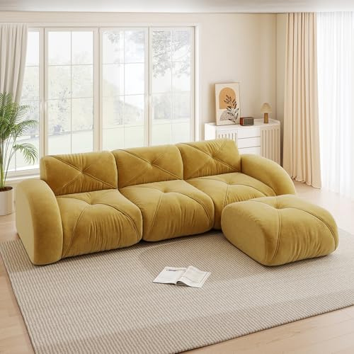 HYSZ Boneless Couch, Modulares Sofa, L Sofa mit Schlaffunktion, Ecksofa, Schlafsofa, 32D-Schaumstoff Hoher Dichte, Chenille-Stoff, Rutschfestes Design, Ohne Montage, 281×171×76cm (Gelb)