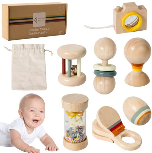 Sonaglio per bambini in legno, set di sonaglio Montessori naturale organico da 7 pezzi, campanello a mano con bastone della pioggia, palla di sabbia, giocattoli per neonati per ragazzi e ragazze