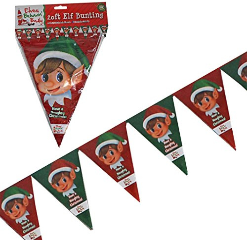 Elves Behaving Badly Triangular Bunting | Elf Design | 20 ft | White and Red | Pack of 2