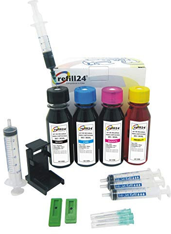 refill24 Nachfüllset: Nachfülltinte 400 ml kompatibel für Druckerpatronen HP 303, 303 XL Schwarz und Farbe + Zubehör + Anleitung, Refillset mit Druckertinte für Tango X, Envy Photo All-in-One 6230
