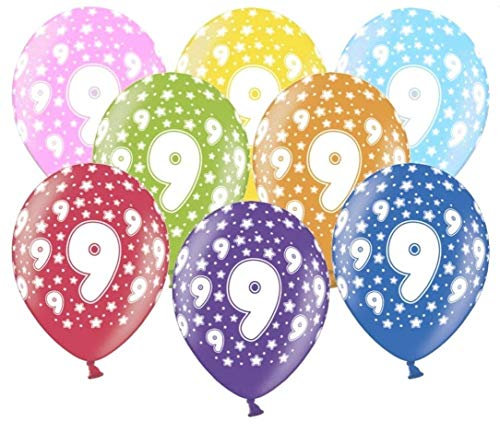 10 kunterbunte Luftballons 9. Geburtstag Made in EU Metallic 30cm Ballon 9 Jahre Kindergeburtstag Mädchen Junge Deko Ballons Zahl 9