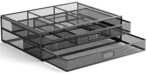 HUANUO Monitor Stand with 2 Storage Drawers - Metal Mesh Desk Organisers, Support Laptop, Notebook, PC, Monitor, Printer, Scanner up to 15 KG
