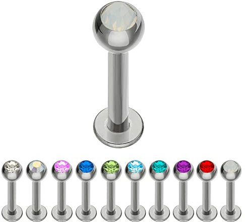 Treuheld® | Silbernes TITAN LABRET PIERCING mit KRISTALL - [40.] 1.0 x 6 mm (Kugel: 3mm) - opalith (milchig weiß)
