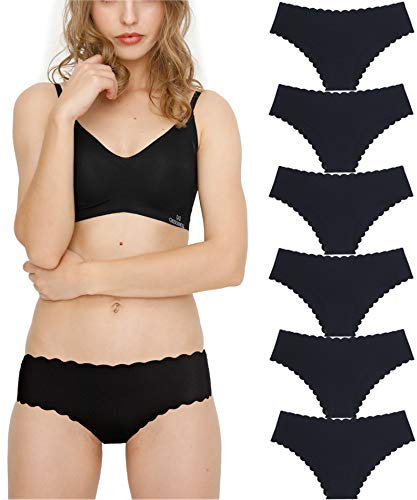 Donpapa Damen Unterwäsche Nahtlos Slips Seamless Panties Hipster Mikrofaser Bequeme Unterhosen Streifen Bikinis Taillenslips 6 Pack (Schwarz S)