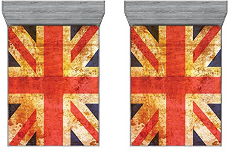 ABAKUHAUS England 2er-Satz Spannbetttuch, Union Jack Motiv Grunge, Soft Dekorativer Stoff Bettwäsche Rund-um Elastischer Gummizug, 180 cm x 200 cm, Night Blue Vermilion