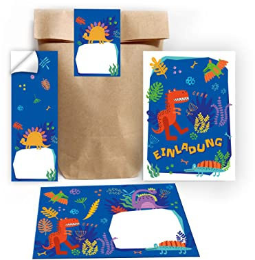 Junapack 12 Einladungskarten zum Kindergeburtstag Jungen Dinosaurier Dino incl. 12 Umschläge, 12 Tüten/Natur, 12 Aufkleber