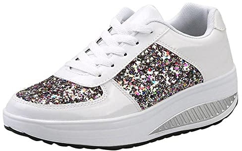Sunnyuk Sneaker Damen mit Pailletten Keilabsatz Glitzer Sportschuhe Glänzende Dicker Turnschuhe Schuhe Schnürsenkel Walkingschuhe