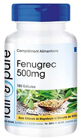 Fair & Pure Bockshornklee 500 mg Tagesdosis, 180 Kapseln, Bockshornkleesamen-Extrakt mit 50% Saponinen, hochdosiert, Nahrungsergänzungsmittel ohne Magnesiumstearat, in Deutschland hergestellt