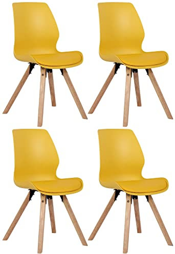 CLP 4er Set Stuhl Luna Kunststoff I Stoff I Samt I Kunstleder I Lehnstuhl mit Holzgestell, Farbe:gelb, Material:Kunststoff