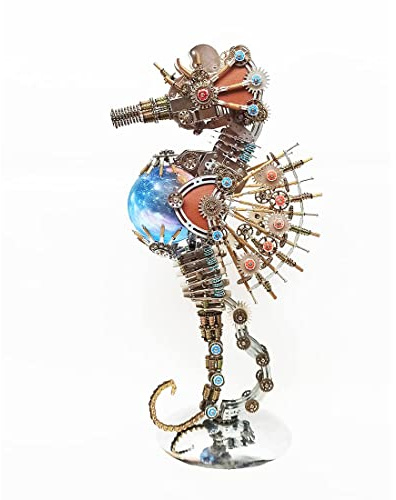 Meatalkitor Lampe puzzle 3D en forme d'hippocampe Steampunk – Kit de modèle mécanique en métal de 2100 pièces avec lumière planète 16 couleurs – Décoration de chambre parfaite et choix de cadeau