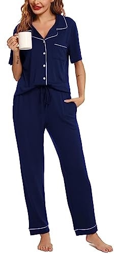 Lovasy Pigiama Donna Estivo Set,Corta Pigiama Camicia con Bottoni sul Bavero Comodo Pantaloni Lunghi Traspiranti Pigiama da Casa Casual in Due Pezzi S-XXL