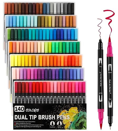 ABEIER Doppelspitze Malstifte Pinselstifte, 140 Filzstifte, Kunstmarker für Kinder und Erwachsene, Fineliner-Spitze, Pinselmarke zum Zeichnen, Skizzieren, Kalligraphie, Malerei