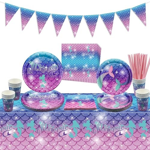 Mermaid Birthday Decorations - 102PCS Party Supplies Including Plates, Napkins, Pennant, Tablecloth, Cups for Girl Women Birthday