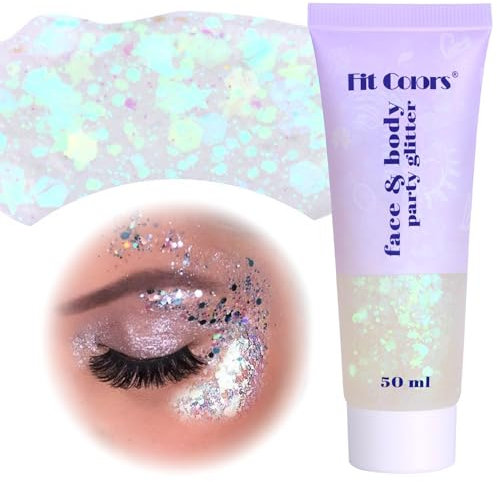 gelpretty Body Glitter Gel,Festival Glitzer Gesicht,50ml Glitter Liquid Gel,Körperglitzer Festival Zubehör Glitter für Make Up Cosmetic Festival Party,DIY,Nägel,Lippen Weiß)
