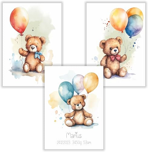 Druck-Geschenk Poster Kinderzimmer, 3er Set Bilder Babyzimmer Geburtsdaten Junge Mädchen, Luftballon Teddy Bärchen Schleife Fliege personalisierte Deko Geburtsbild
