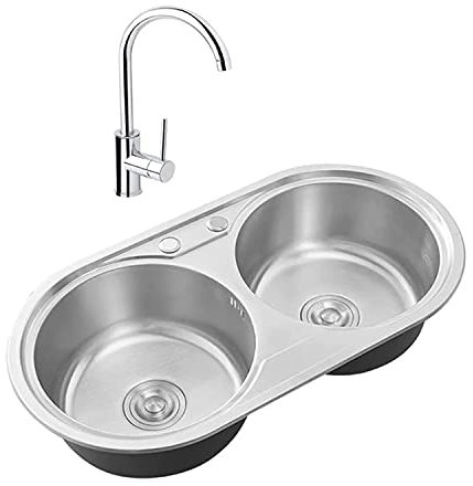 Fregadero de doble seno, fregadero de cocina de forma redonda de acero inoxidable, fregadero empotrado o empotrado de 32 pulgadas, con grifo, conjunto de drenaje, 2 orificios