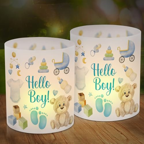 12 Windlicht Tischdeko Hello Boy, Hello Boy Tisch Deko, Blau Süßer Bär Windlichter Tischdeko, Tisch Dekoration für Junge Geburt Babyparty Geburtstag, Fußabdruck Windlicht für Teelichter Kerzen