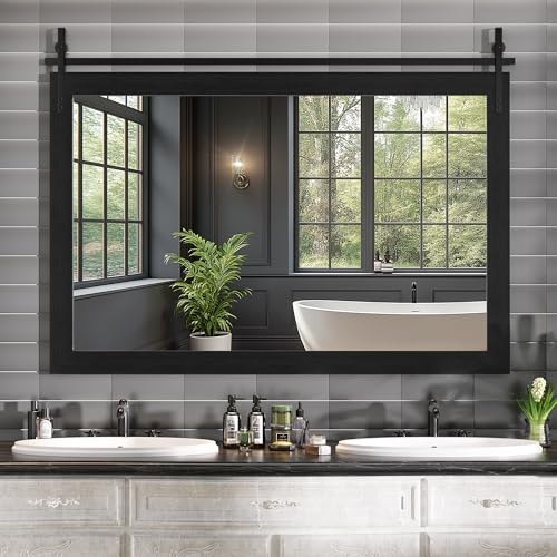 Hasipu Badezimmerspiegel mit Holzrahmen Rustikal 139 x 91 cm, Spiegelschrank für Bad & Flur, Wandspiegel Modern, Bad Spiegel Schminkspiegel, Deko Spiegel Schwarz