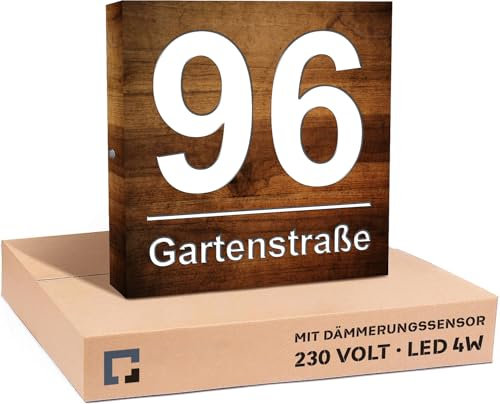 PRINTIMA Premium Gravur Personalisierter Hausnummer Anthrazit Beleuchtet Led Strom 230V, Hausnummernschild mit Dämmerungssensor |30x30cm, 4W/A+++| Wasserdicht, Dunkle Walnuss Holz