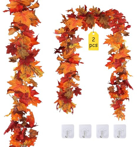 2 Stück 175cm Künstliche Herbst Girlande Ahorn Blätter Girlande Herbstdeko | Herbstgirlande, Künstliche Herbstblätter Deko, Hängende Rebe Girlande, Herbst Dekoration, für Haus Wand Kamin Herbst Deko