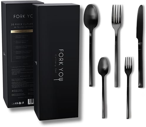 FORK YOU Besteckset Schwarz Matt (20-teilig) für 4 Personen – inkl. Kuchengabeln – Edelstahl 18/10, rostfrei & spülmaschinenfest, hochwertig verpackt, Geschenkidee