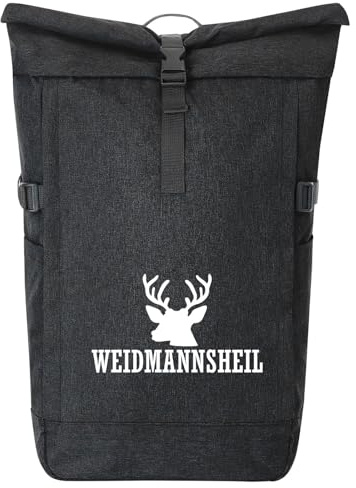 Huuraa Kurierrucksack Weidmannsheil Hirsch Jägergruß 30-44 Liter Black Melange Fairtrade Rolltop Rucksack Geschenkidee