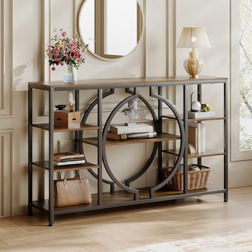 Tohomeor 120cm Industrial Console Tables for Entryway Rustic Sofa Table Behind Couch 4 Tier Wooden Shelves Entry Table with Storage for Foyer, Hallway, Front Door,Living Room (Rustic Brown)